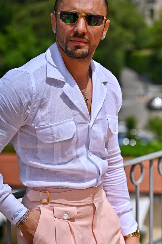 Camicia collo cubano lino bianco con tasche