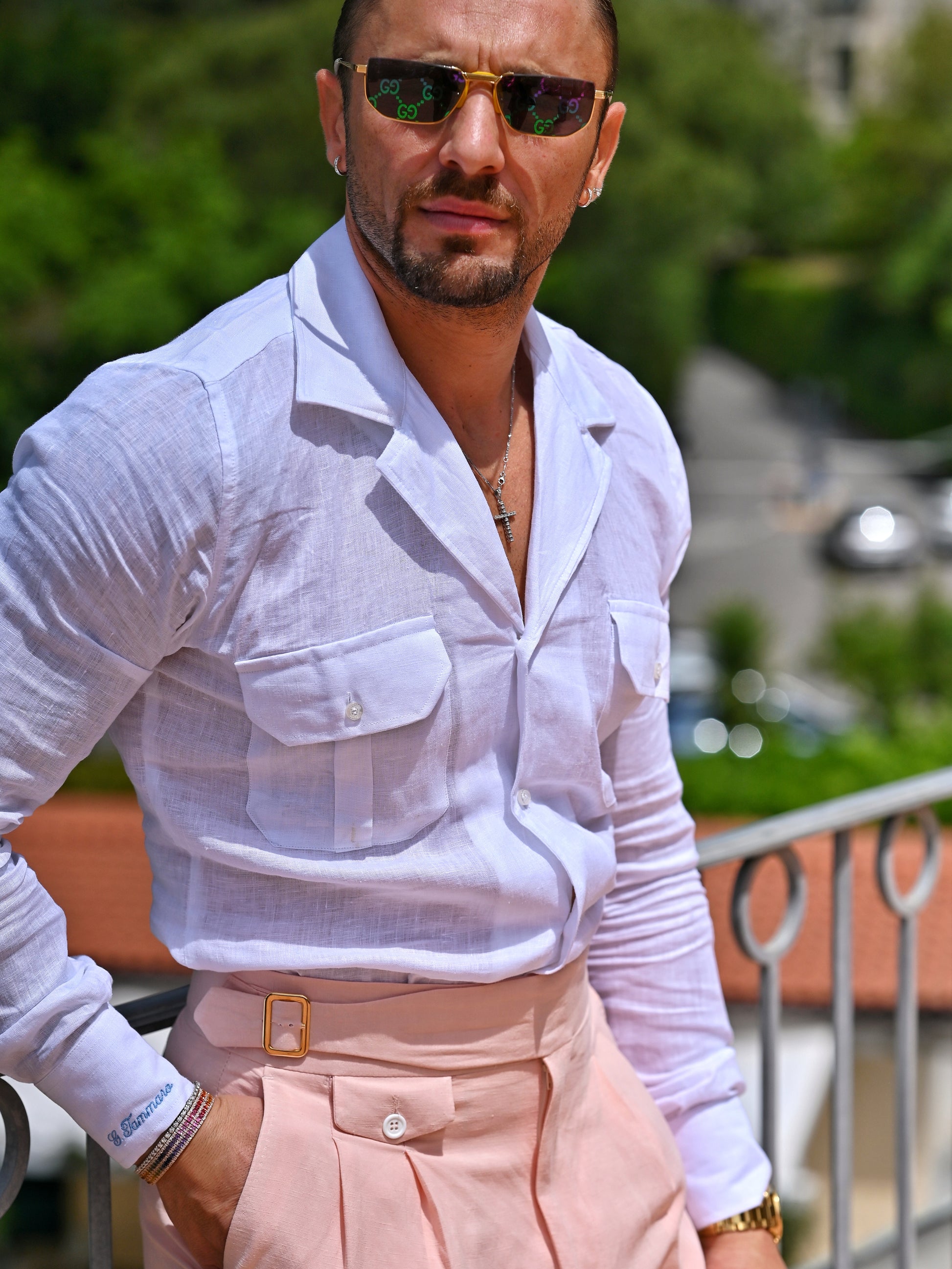 Camicia collo cubano lino bianco con tasche