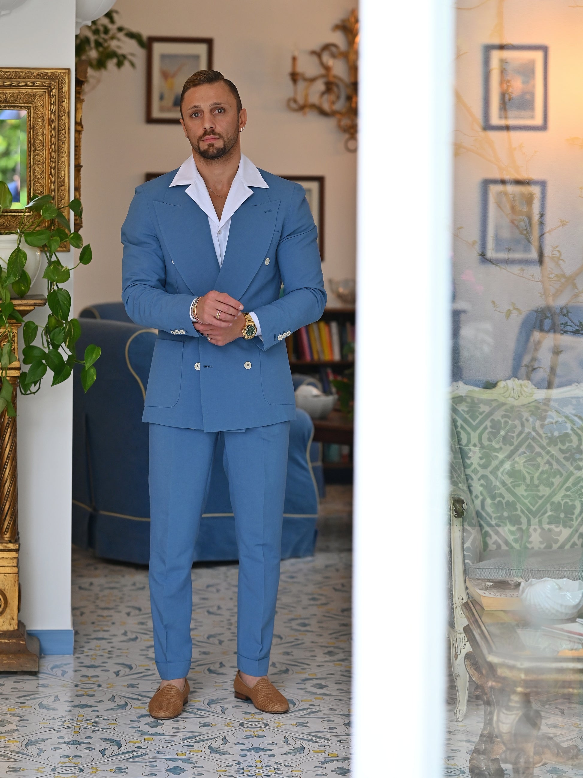 Giacca extensive doppiopetto in lino azzurro