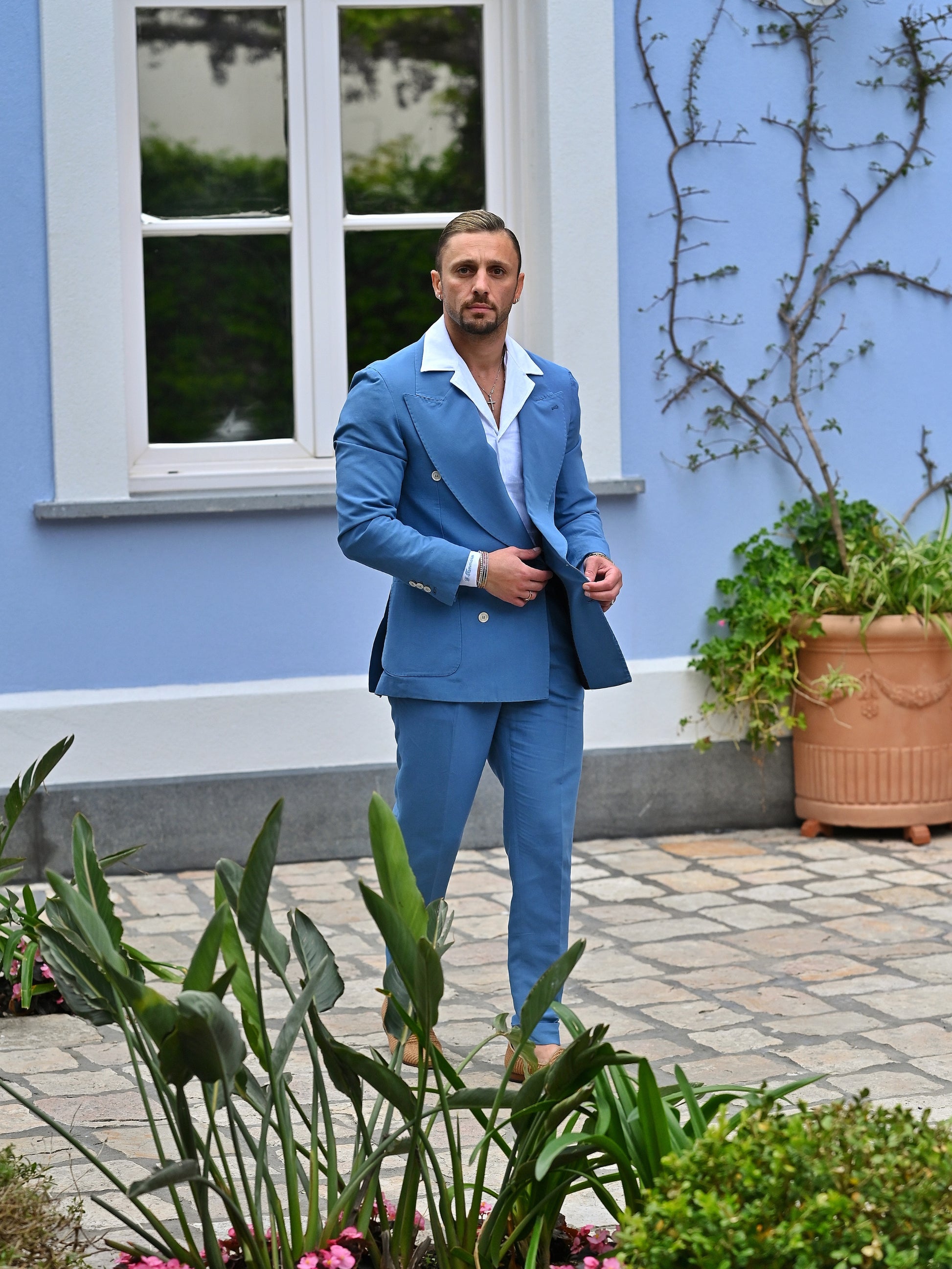 Giacca extensive doppiopetto in lino azzurro