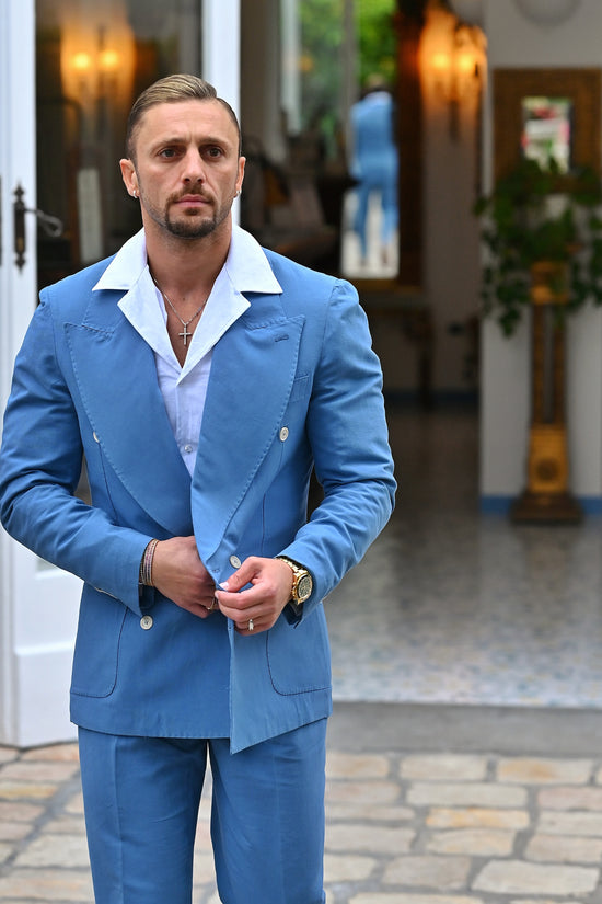 Giacca extensive doppiopetto in lino azzurro