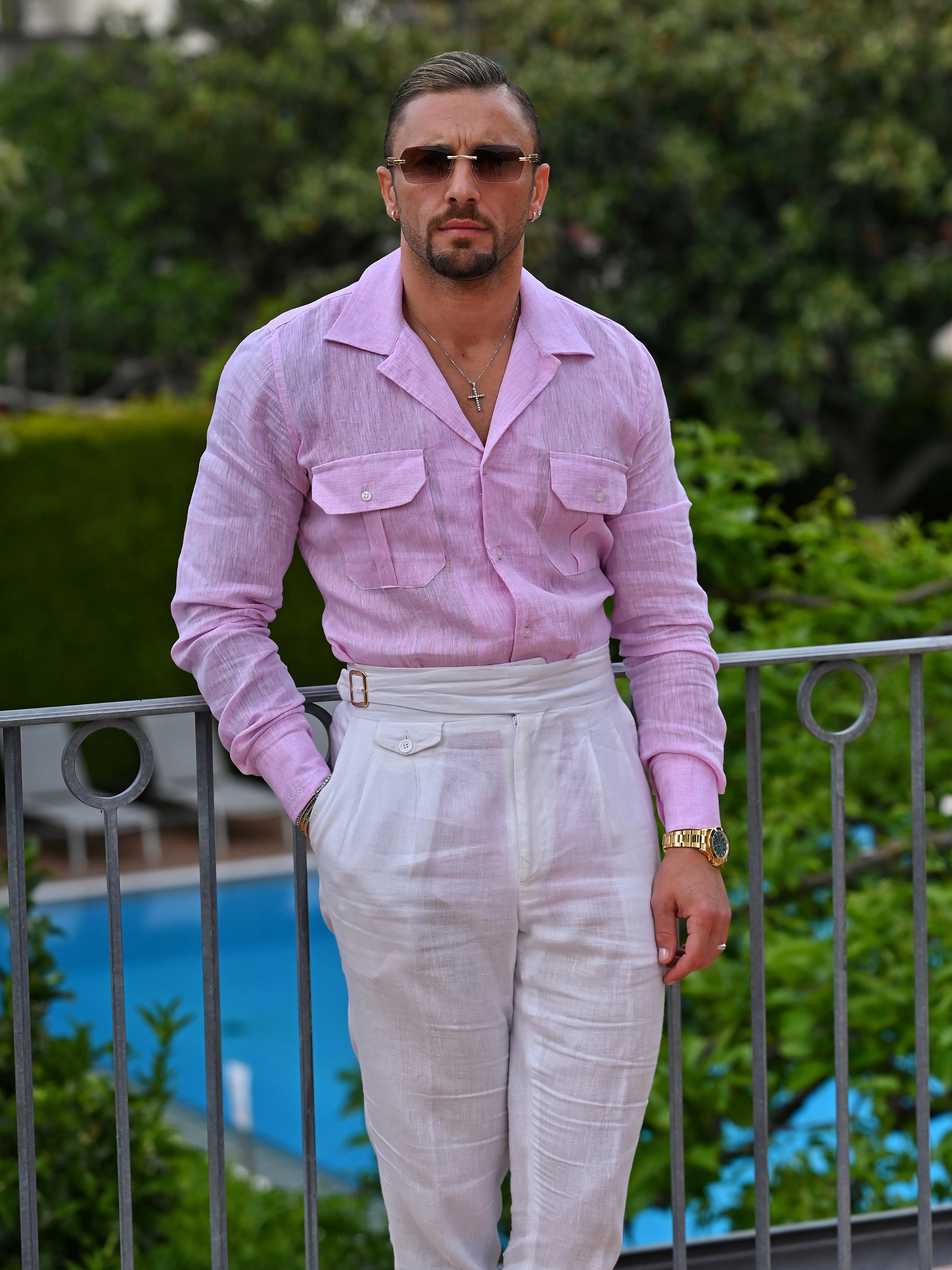 Camicia collo cubano lino rosa con tasche