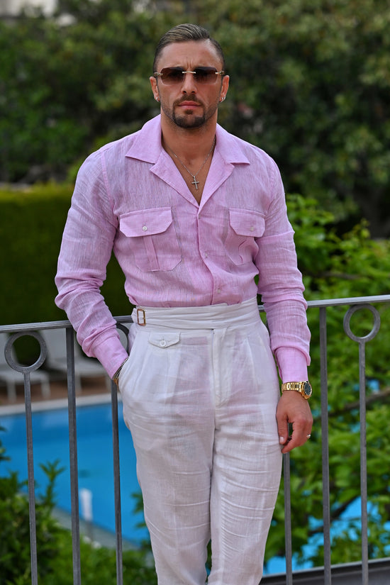 Camicia collo cubano lino rosa con tasche