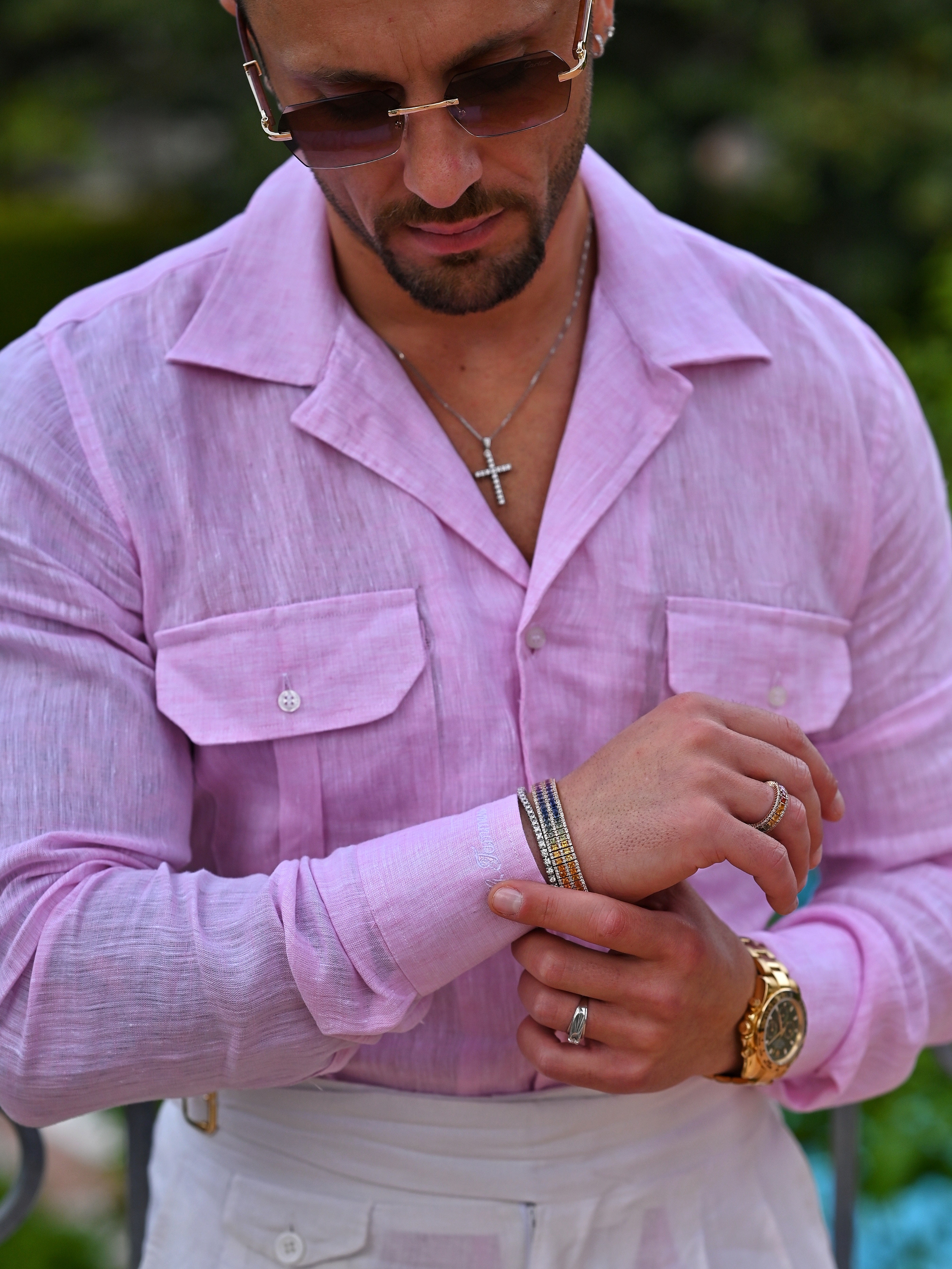 Camicia collo cubano lino rosa con tasche