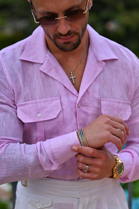 Camicia collo cubano lino rosa con tasche