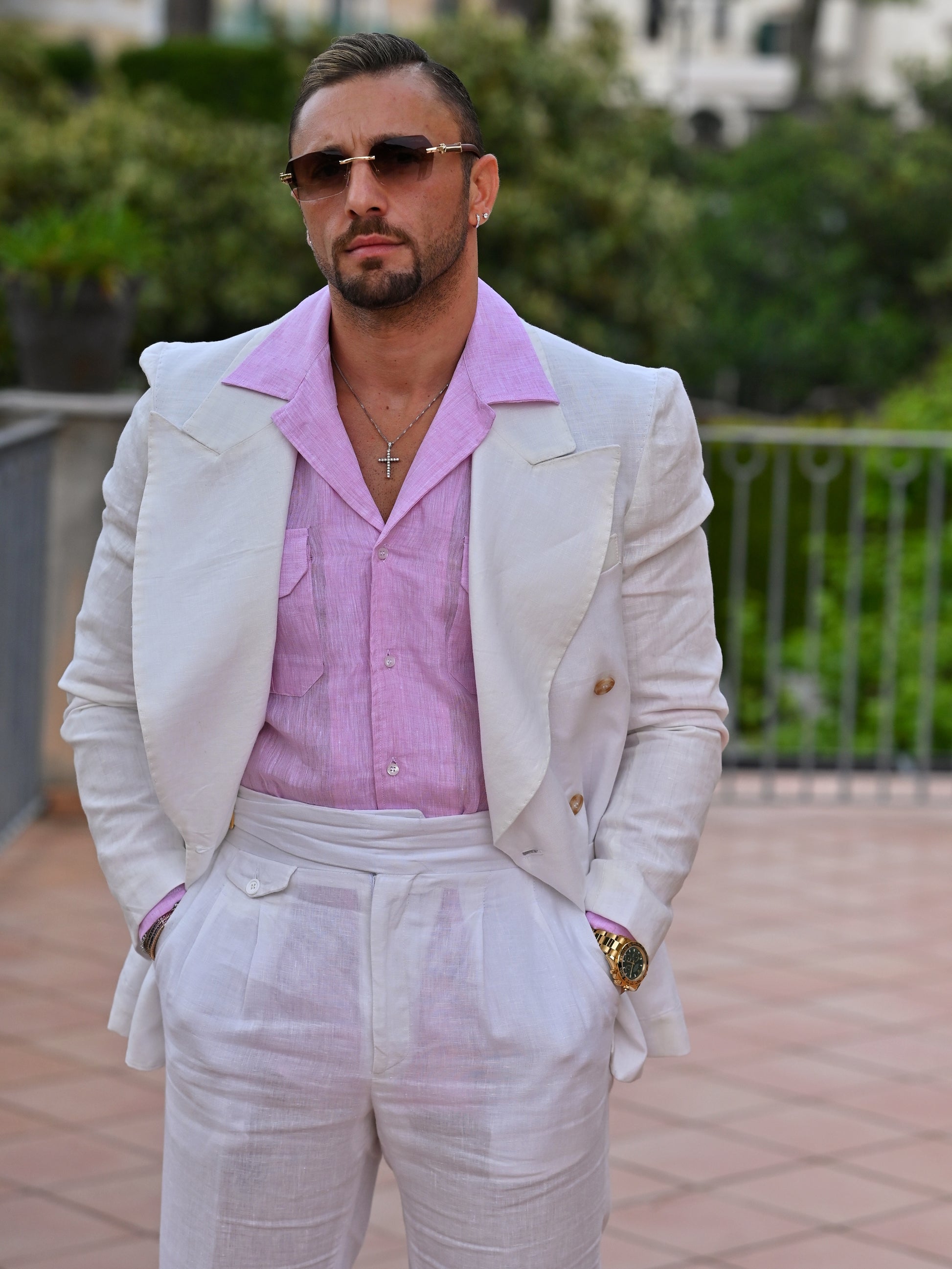 Giacca extensive doppiopetto in lino bianco