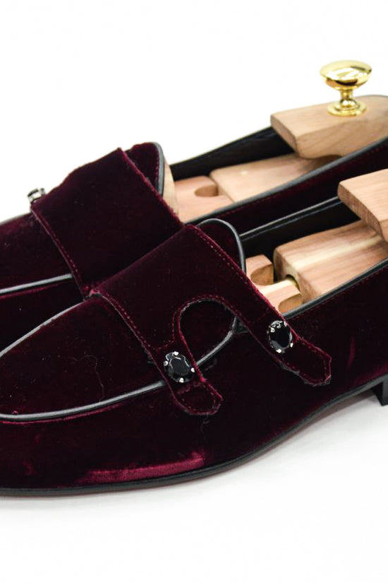 Mocassini doppia fibbia Velluto Bordeaux con applicazioni in pietra