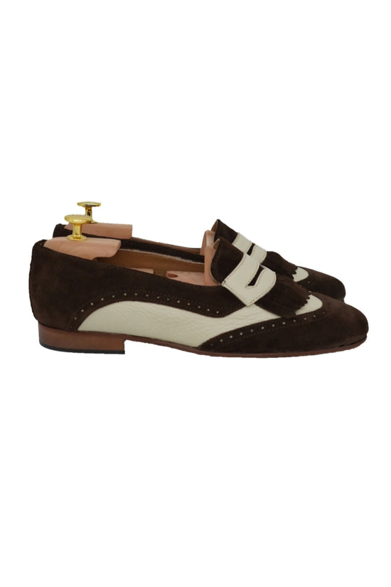Mocassino inglese in pelle scamosciata bicolore cacao/panna