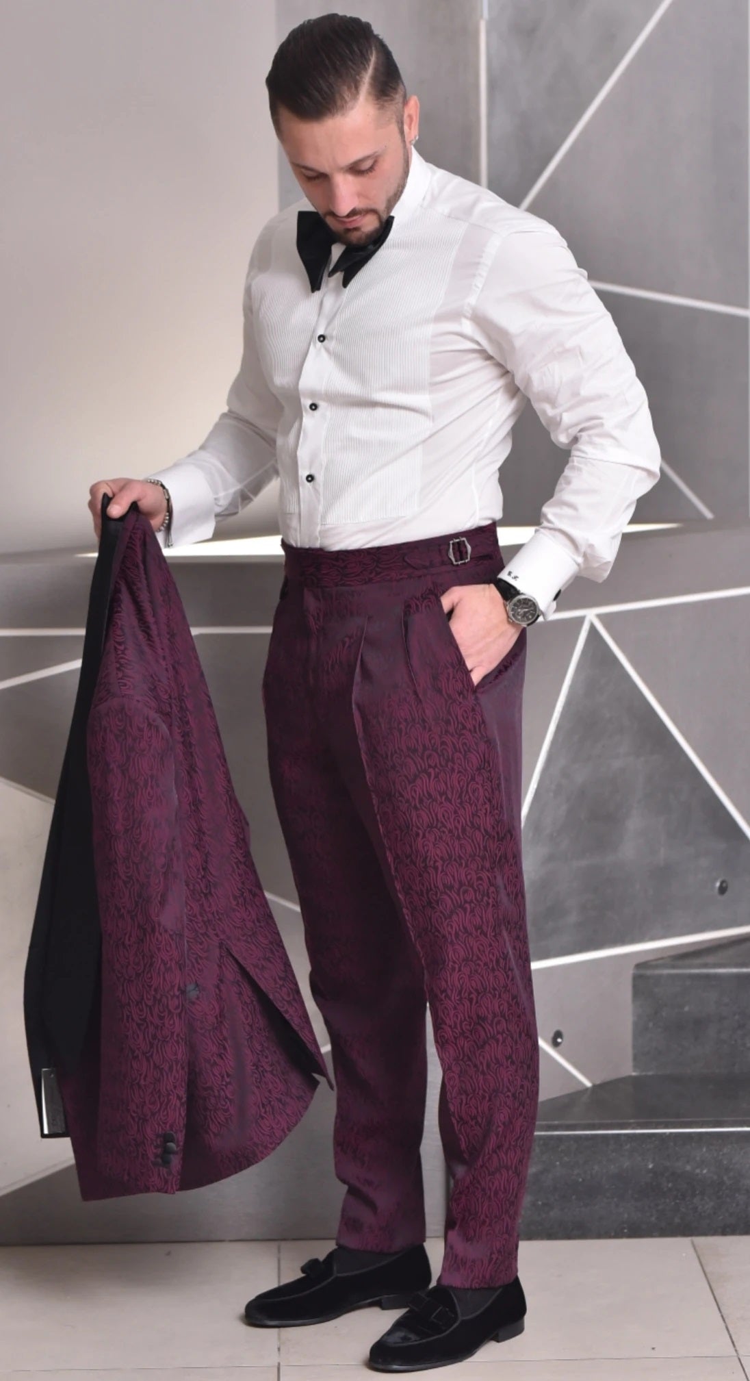 Smoking sciallato doppiopetto damascato con cintura