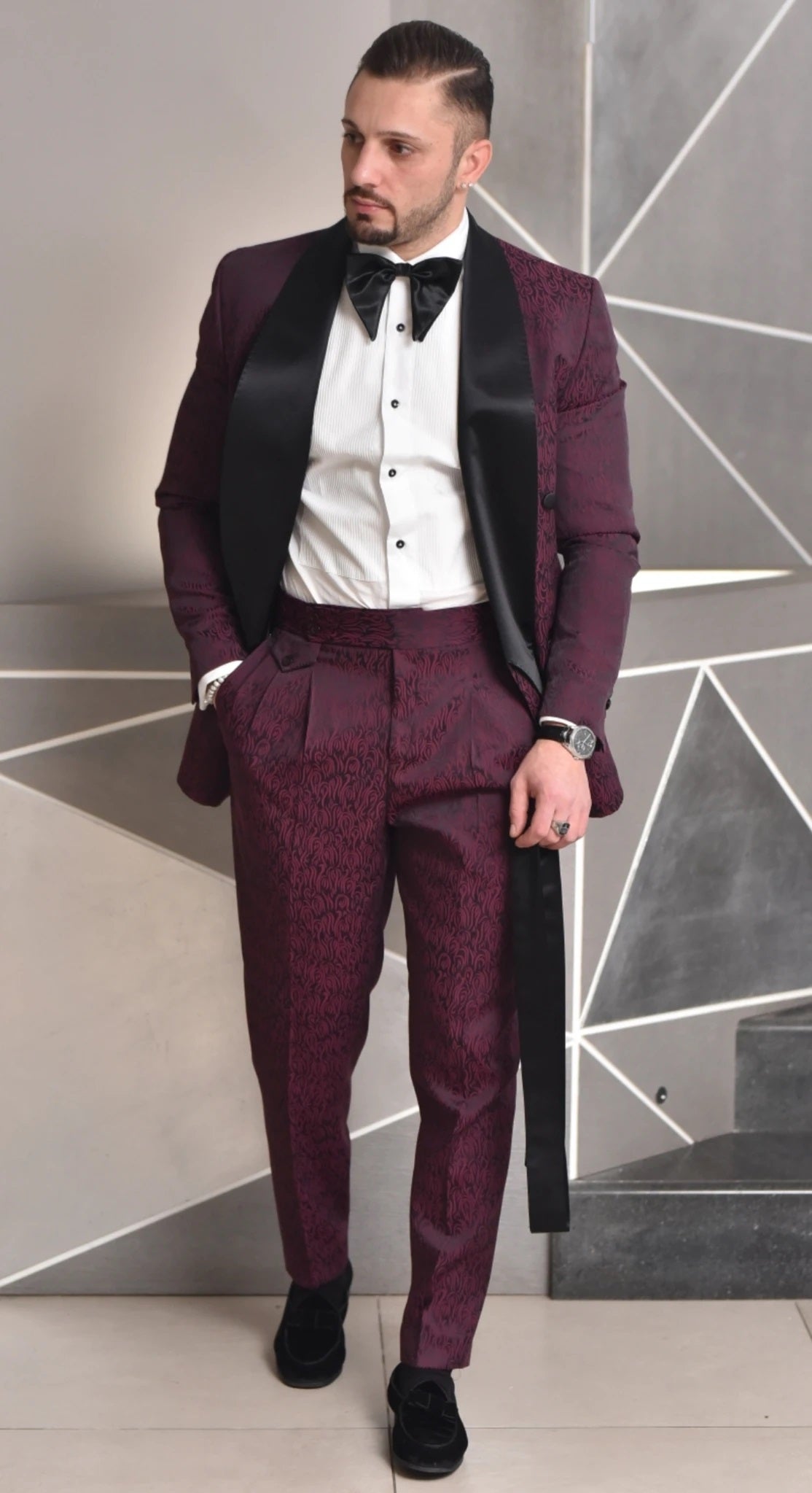 Smoking sciallato doppiopetto damascato con cintura