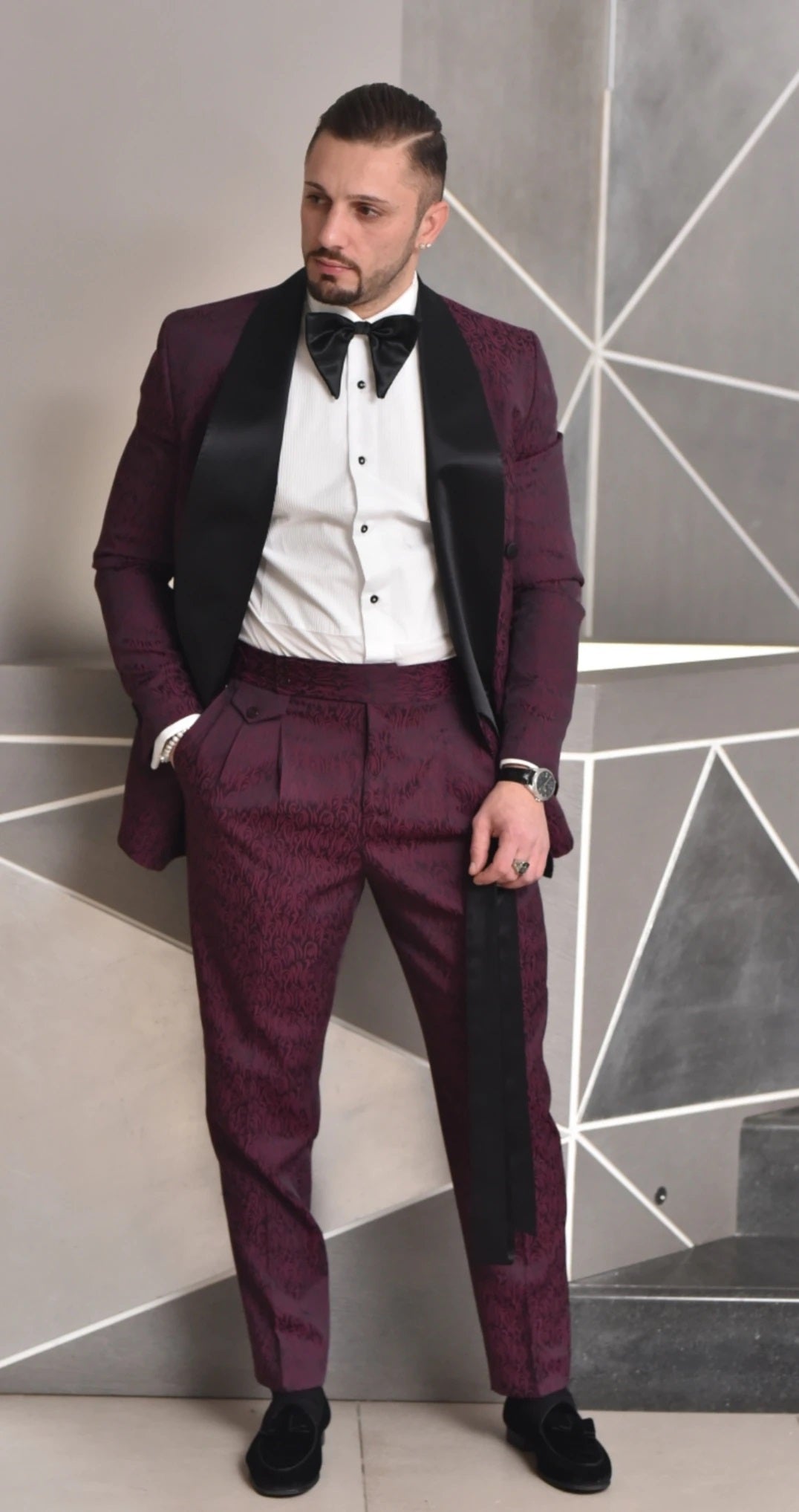 Smoking sciallato doppiopetto damascato con cintura