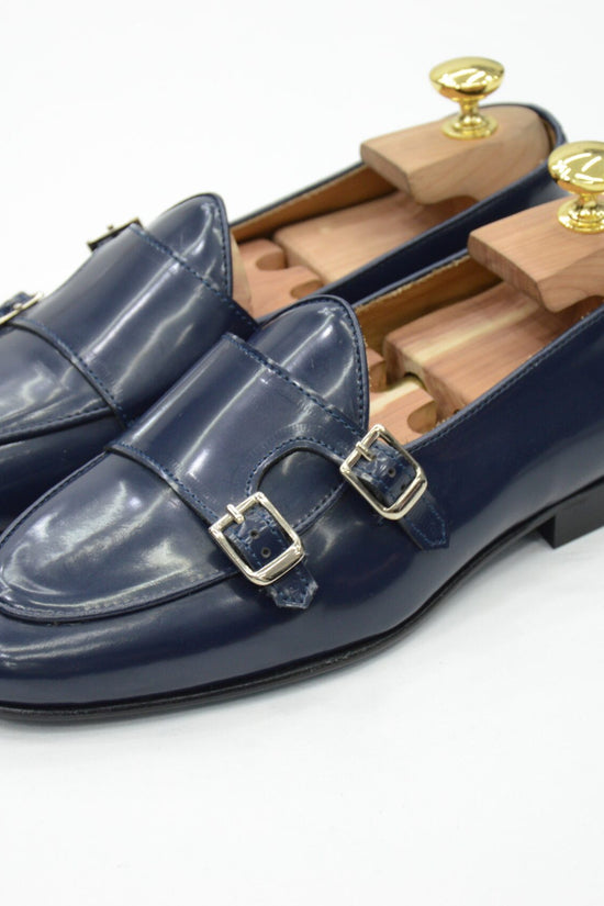 Mocassino doppia fibbia abrasivato blu