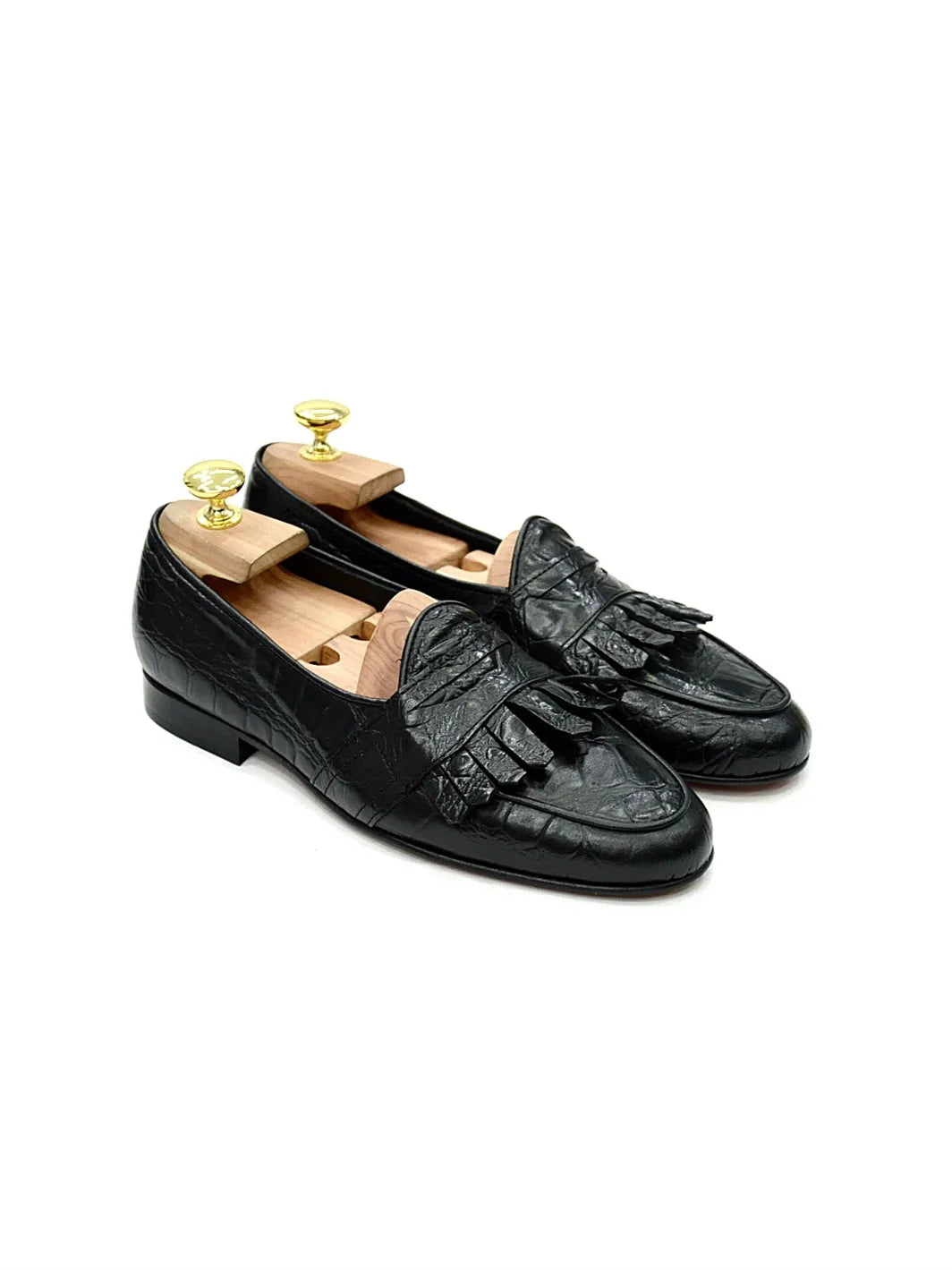 Mocassino con benda e frange cocco nero