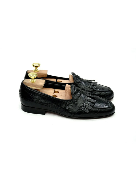 Mocassino con benda e frange cocco nero