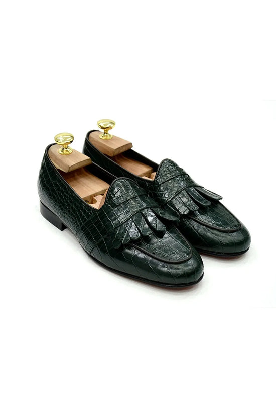 Mocassini con benda e frange cocco verde