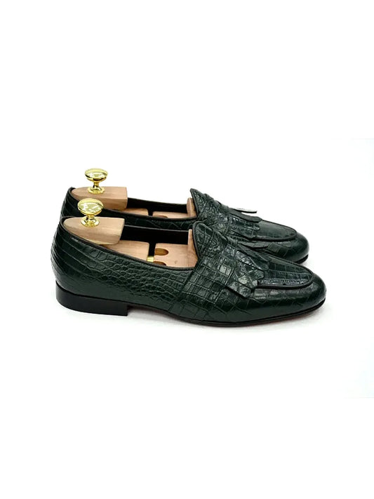 Mocassino con benda e frange cocco verde
