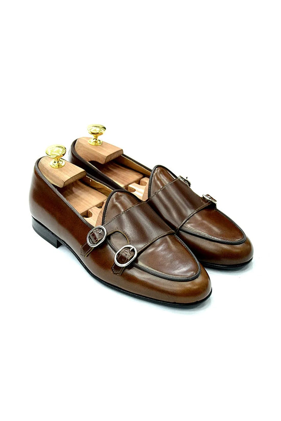 Mocassino doppia fibbia abrasivato cuoio