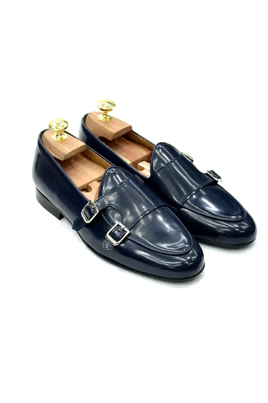 Mocassino doppia fibbia abrasivato blu