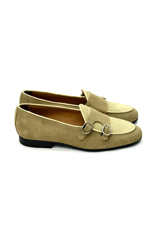 Mocassino doppia fibbia tortora/beige