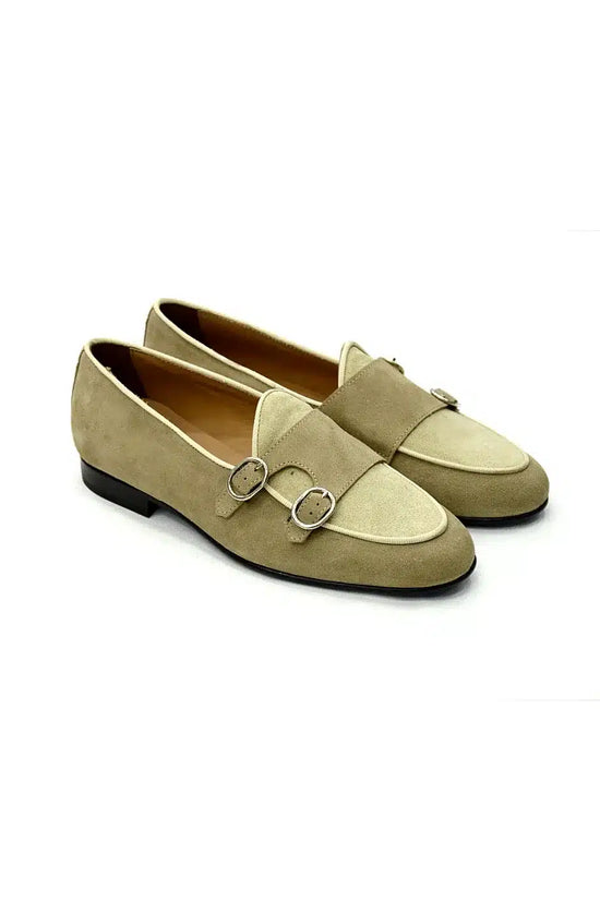 Mocassino doppia fibbia tortora/beige