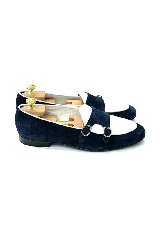 Mocassino doppia fibbia blu e bianco