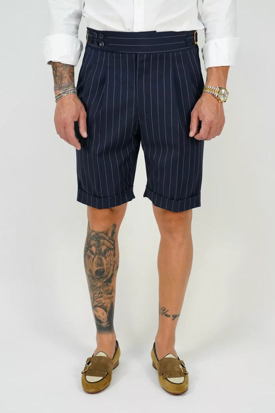 Bermuda 4 Bottoni - Fibbie Stringenti Laterali | Blu Gessato