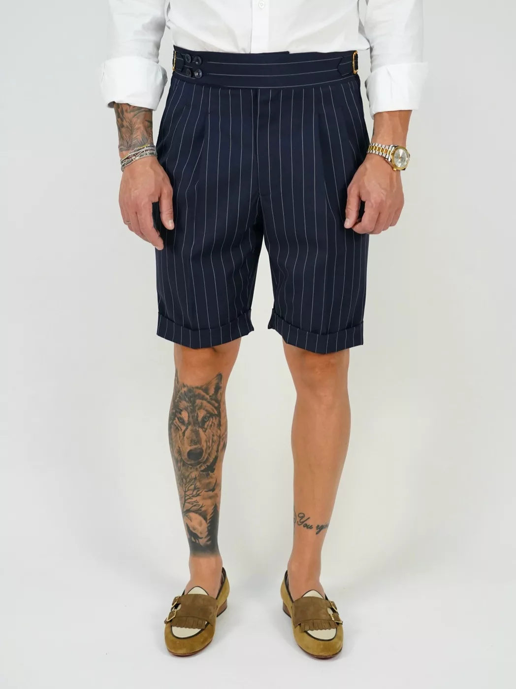 Bermuda 4 Bottoni - Fibbie Stringenti Laterali | Blu Gessato