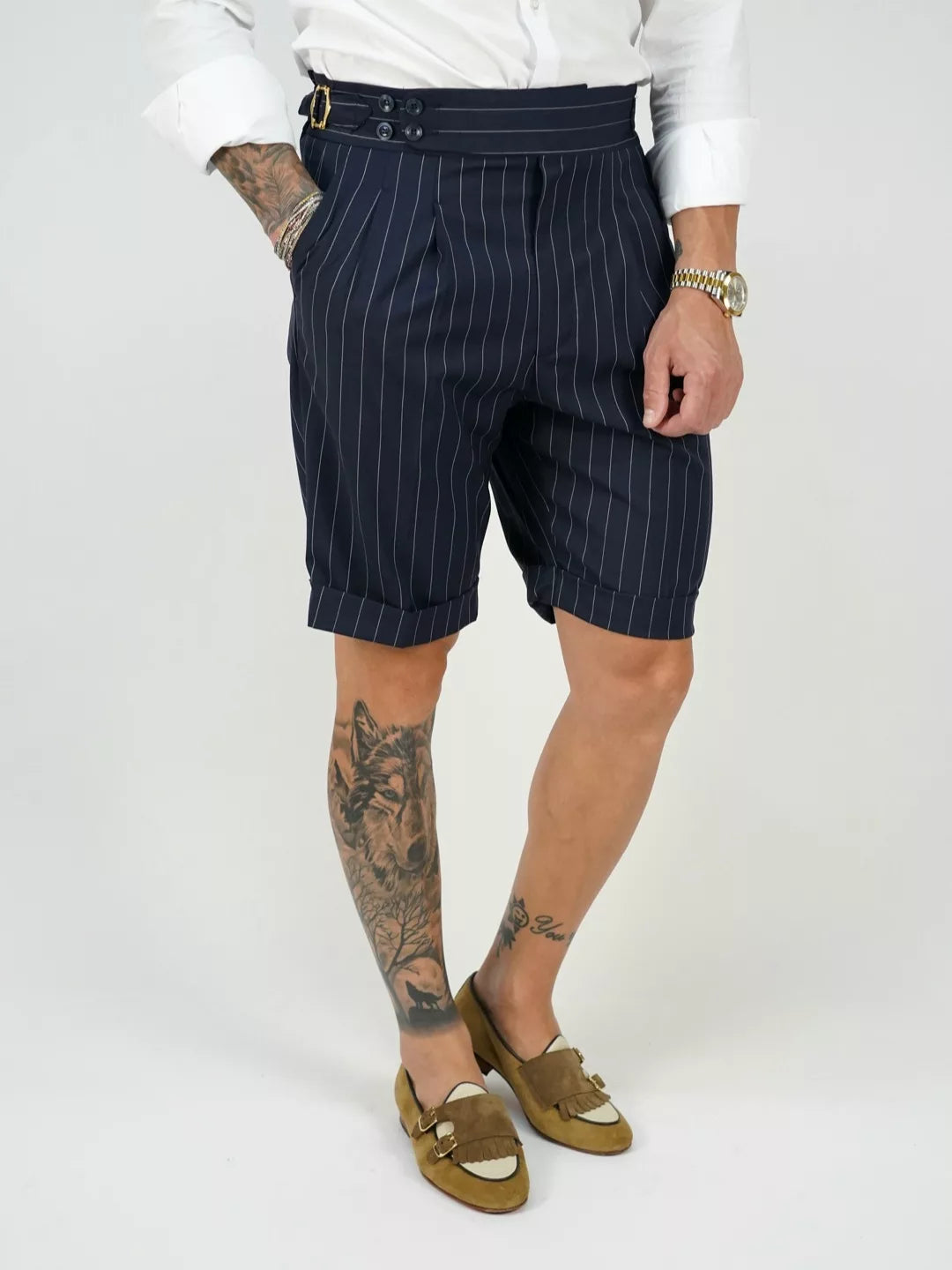 Bermuda 4 Bottoni - Fibbie Stringenti Laterali | Blu Gessato