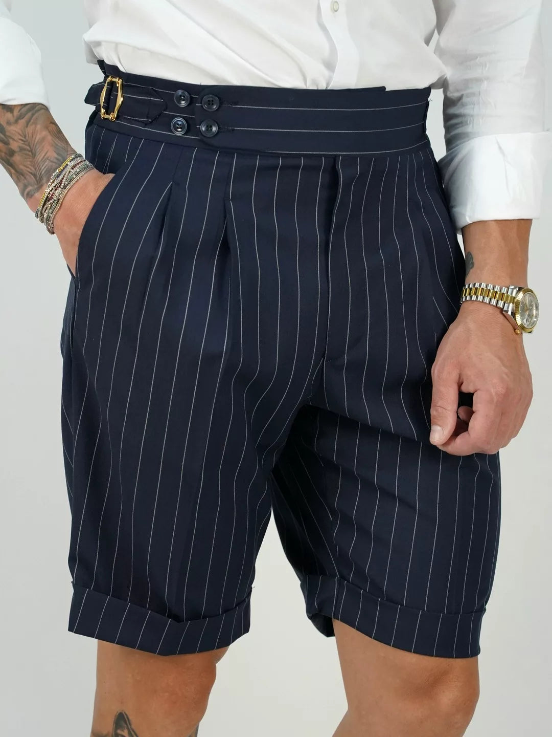 Bermuda 4 Bottoni - Fibbie Stringenti Laterali | Blu Gessato