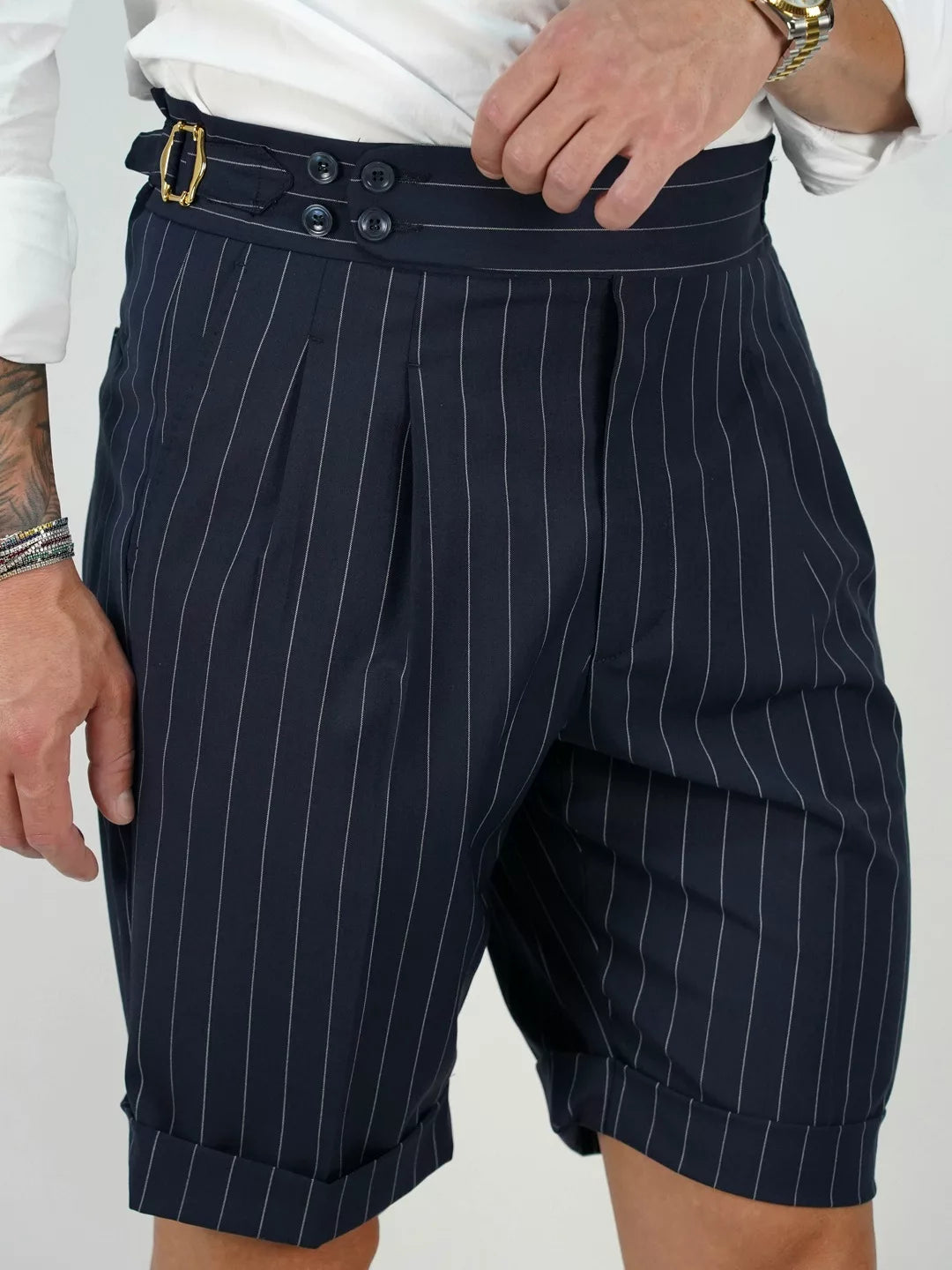Bermuda 4 Bottoni - Fibbie Stringenti Laterali | Blu Gessato