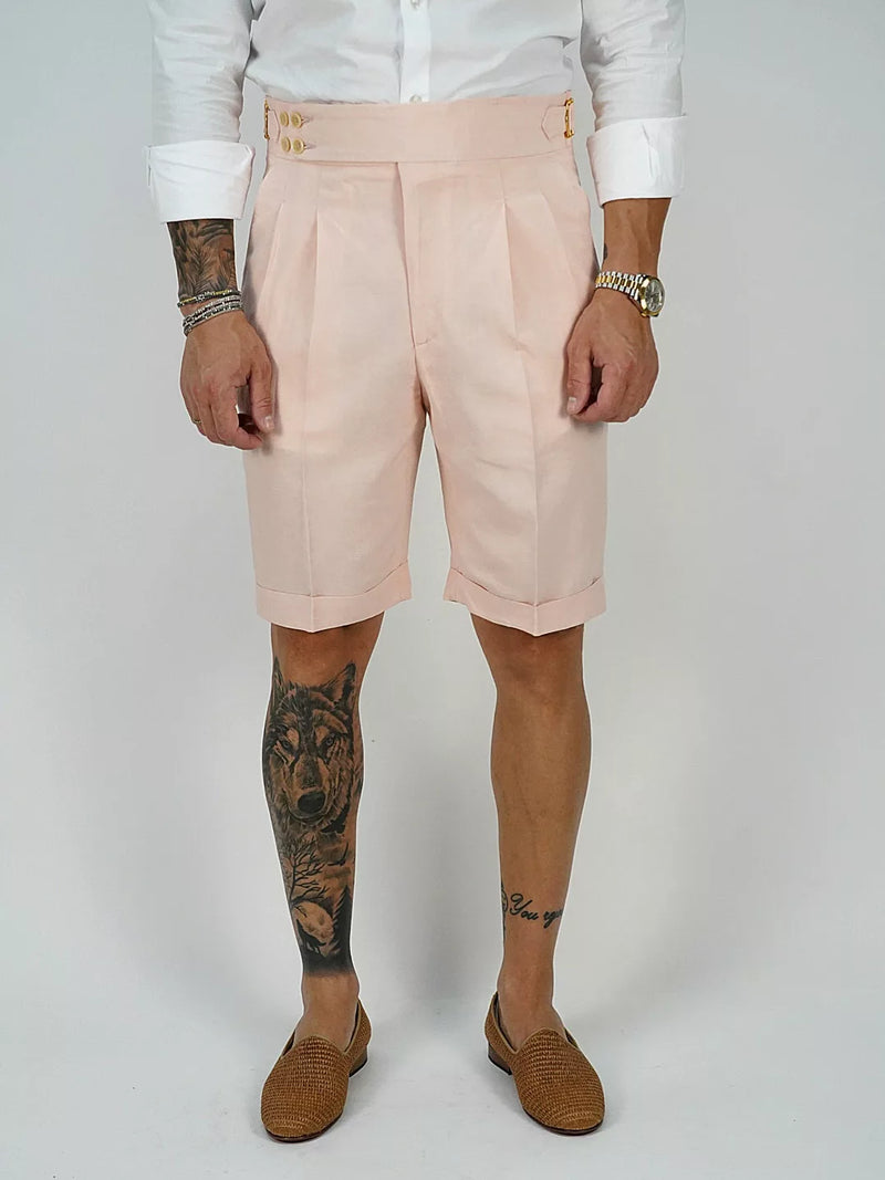 Bermuda in lino rosa con 4 bottoni e fibbie stringenti laterali