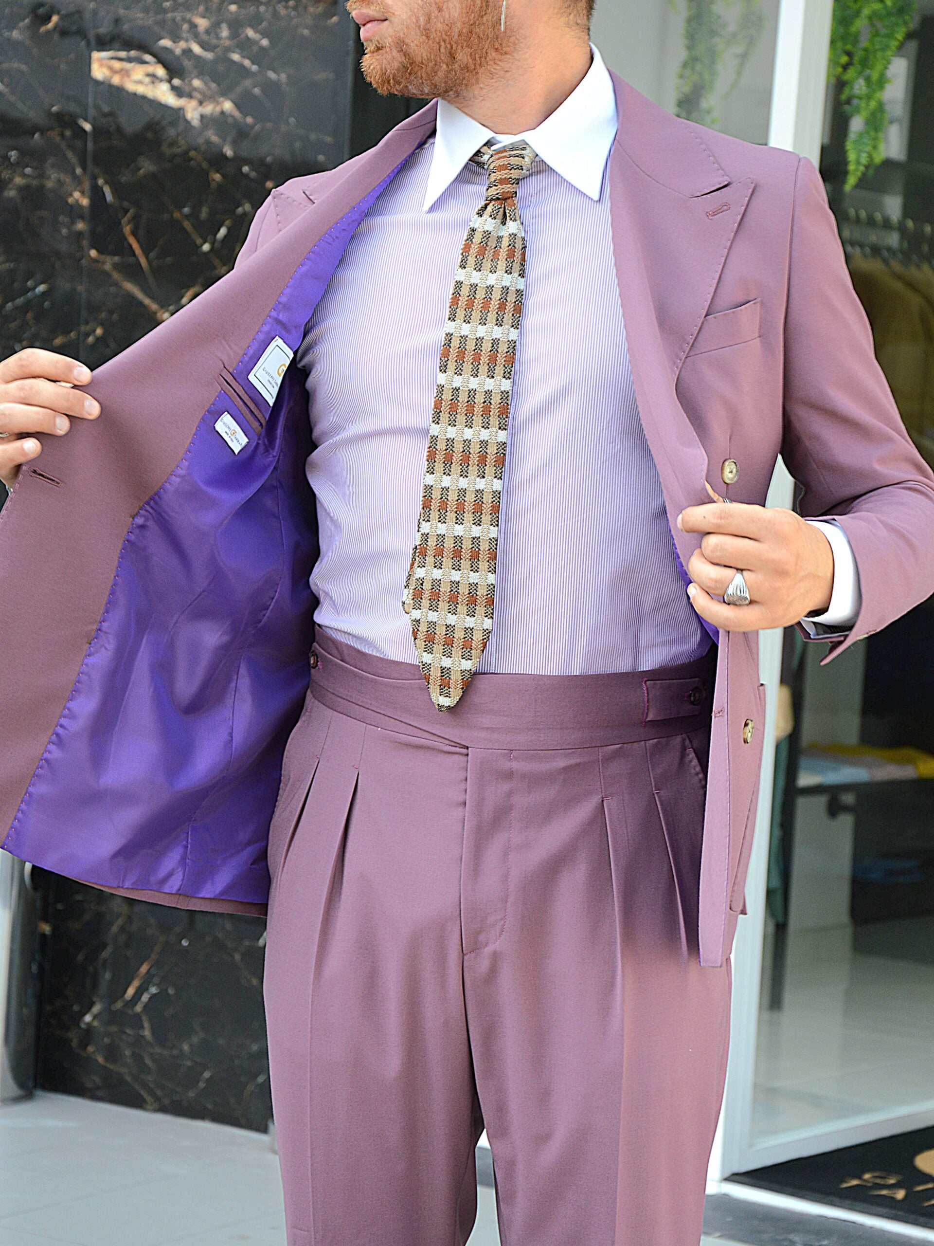 Camicia fantasia mille righe collo a vela con bottoni a scomparsa Lilla