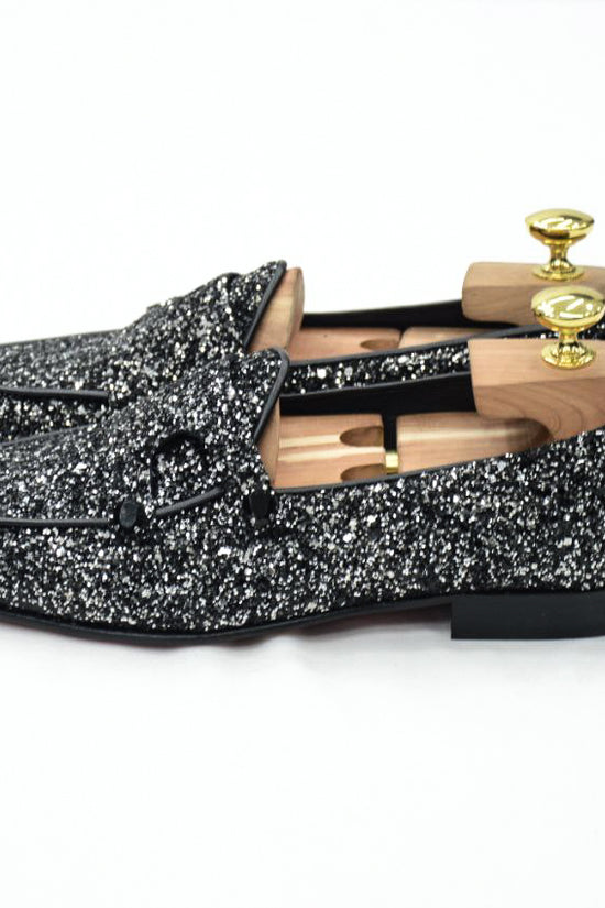 Mocassino Glitterato Nero con applicazioni in Pietra
