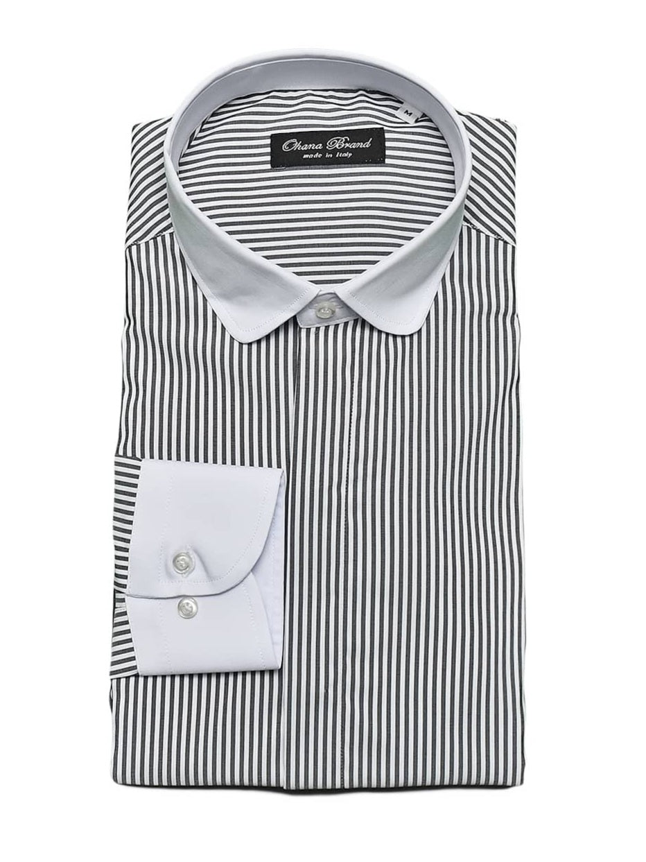 Camicia collo club a righe nero/bianco
