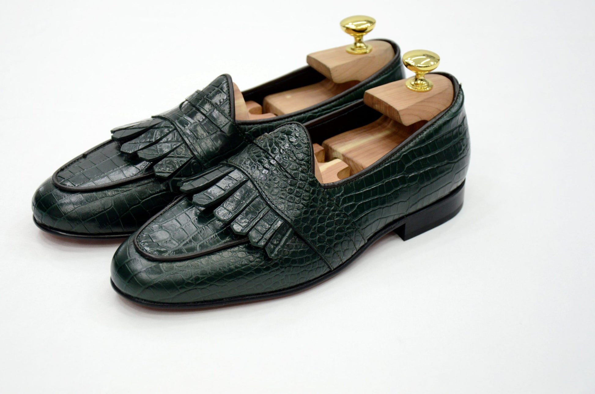 Mocassini con benda e frange cocco verde