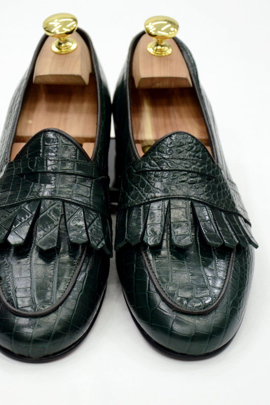 Mocassini con benda e frange cocco verde