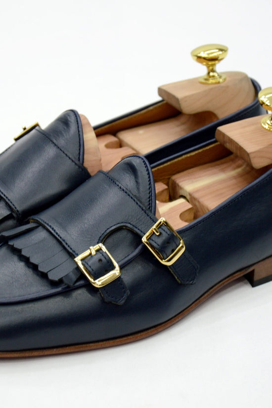 Mocassini doppia fibbia con frange blu