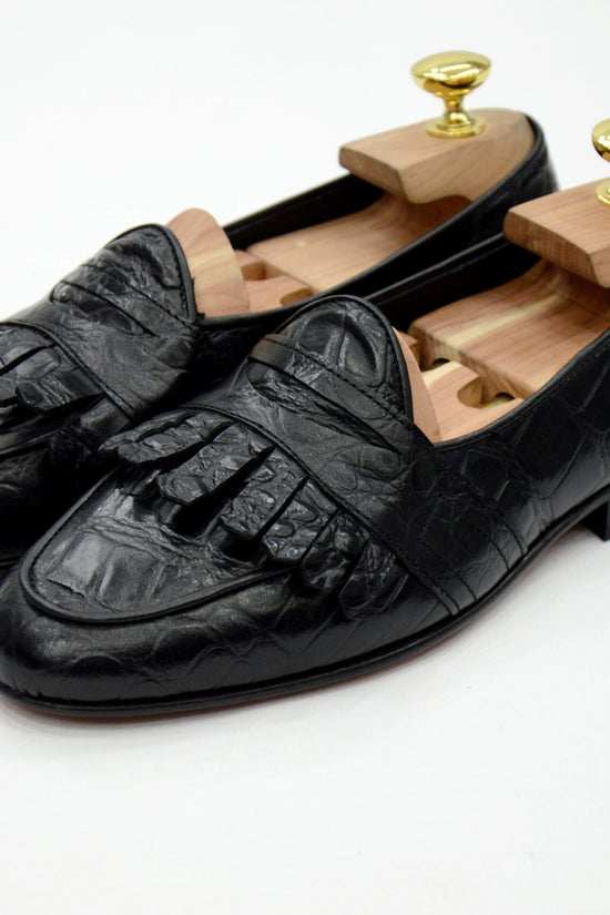 Mocassini con benda e frange cocco nero