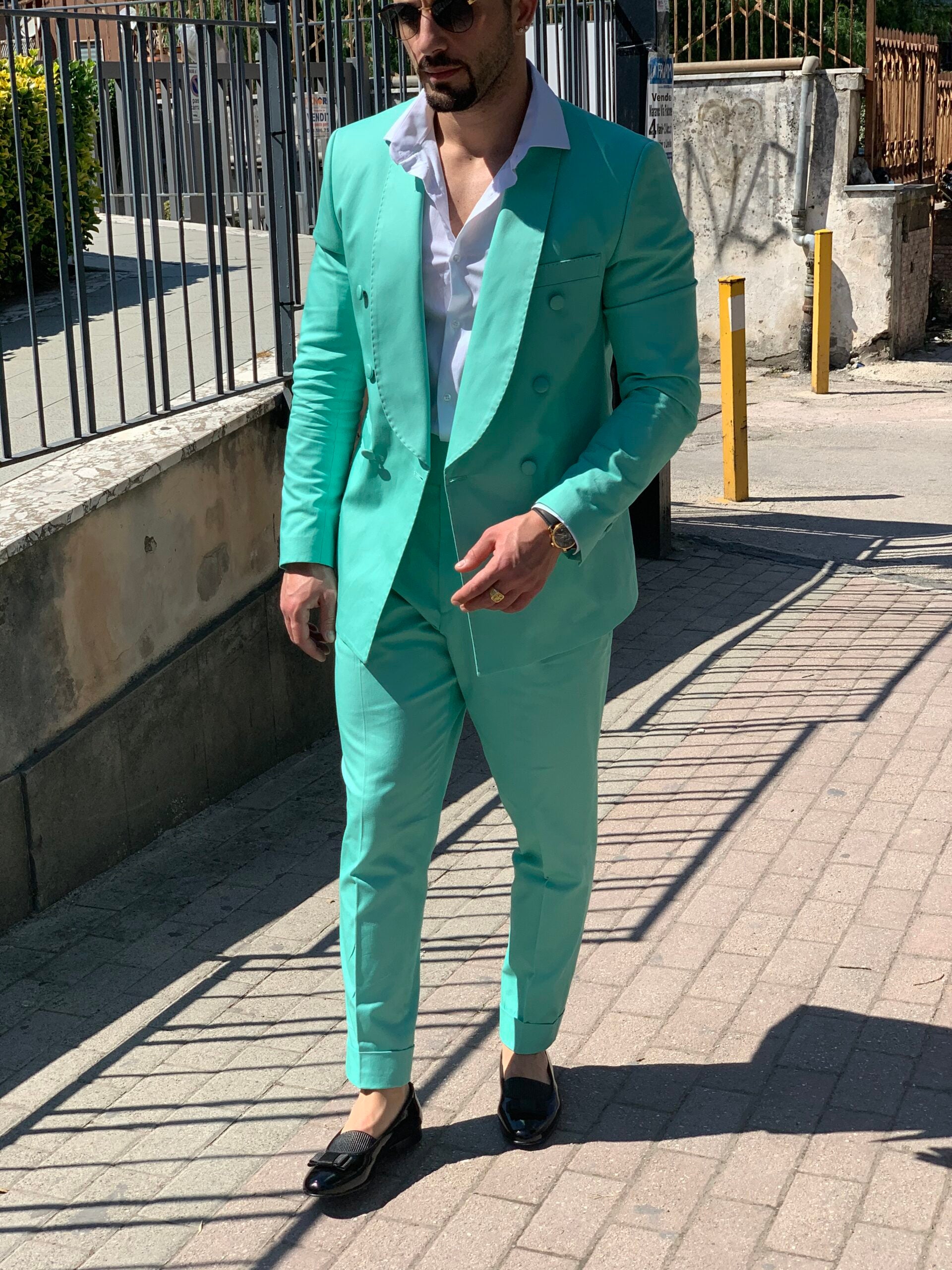 Abito sciallato in cotone rasato verde tiffany