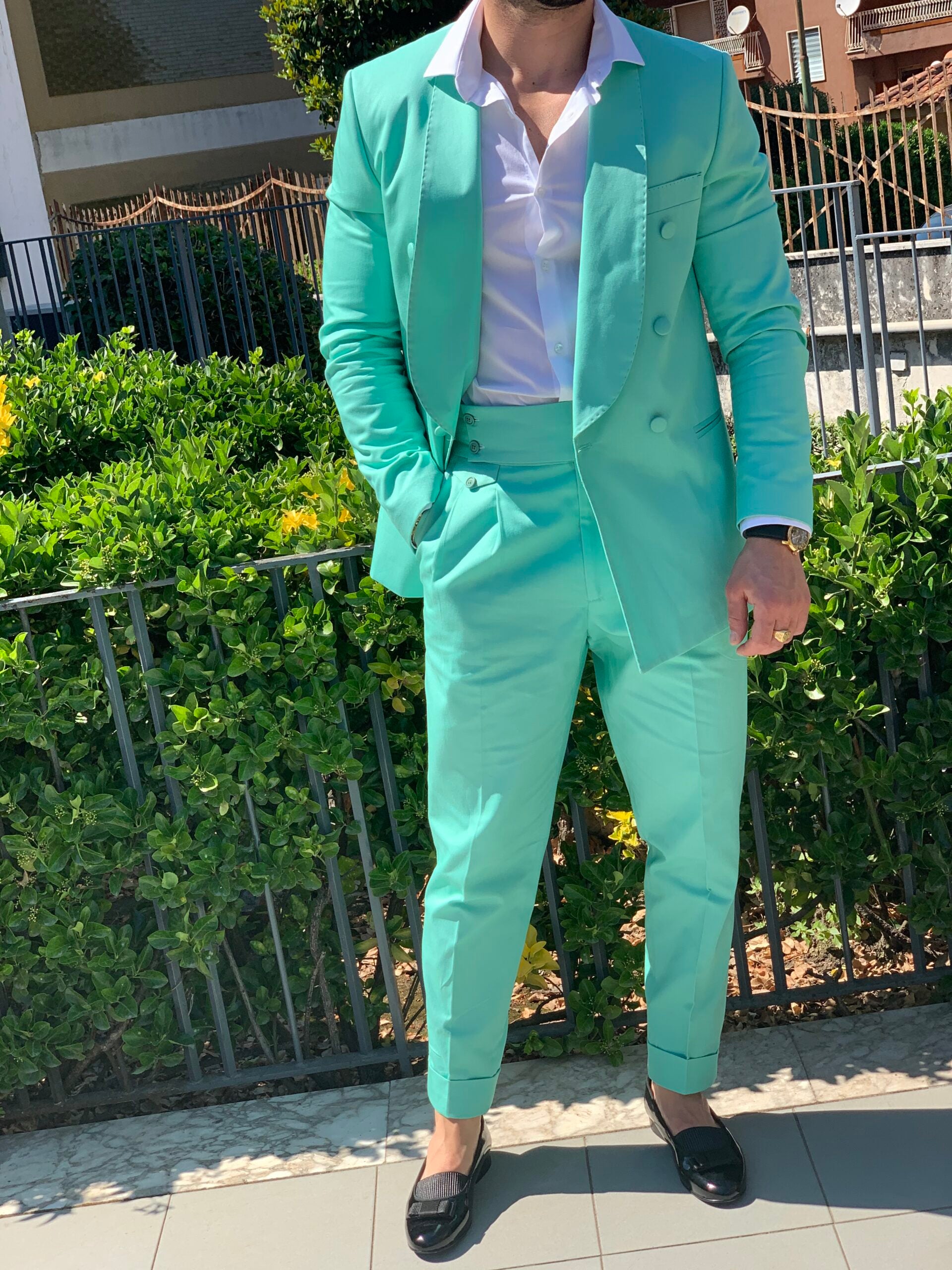 Abito sciallato in cotone rasato verde tiffany