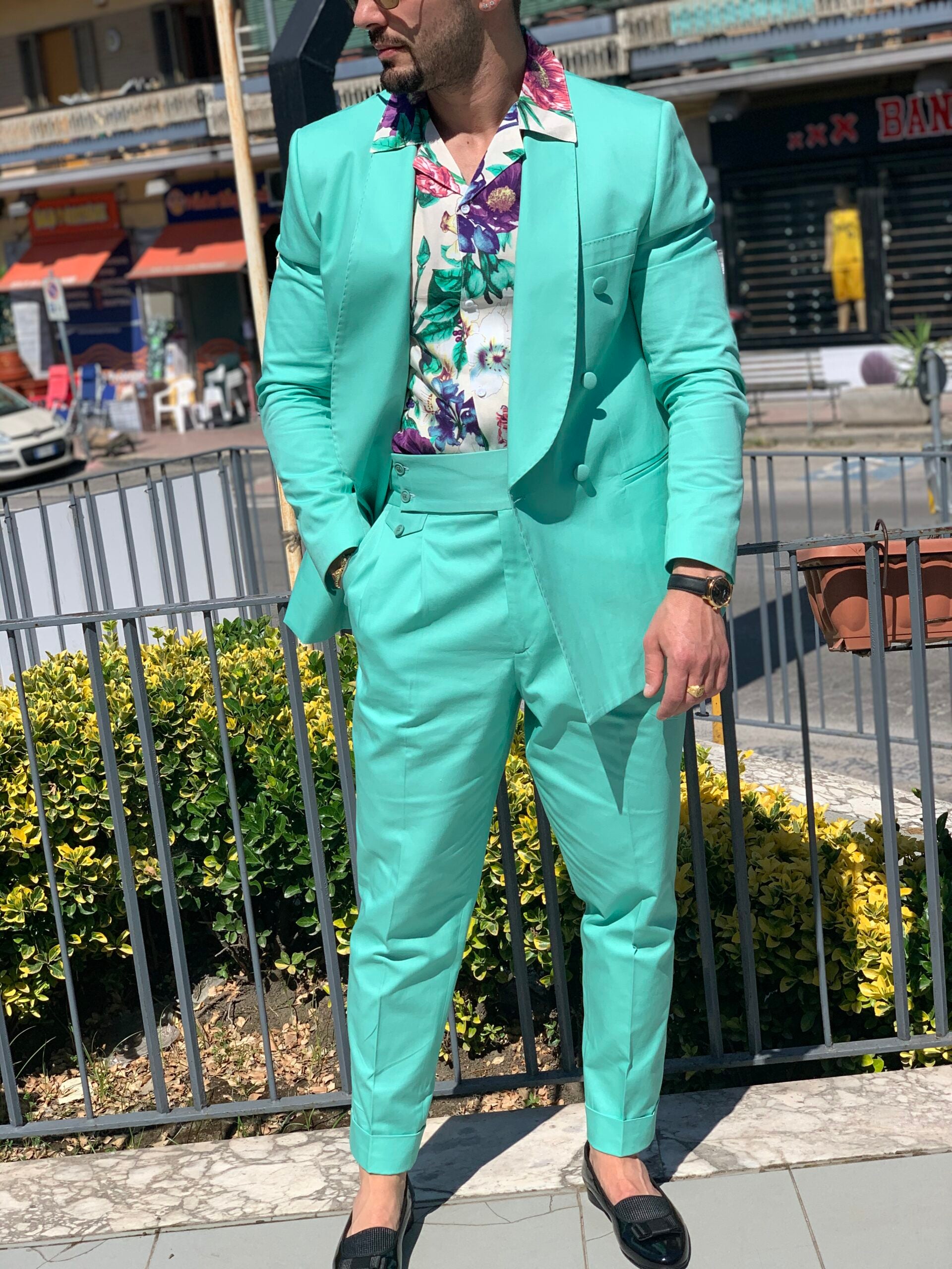 Abito sciallato in cotone rasato verde tiffany