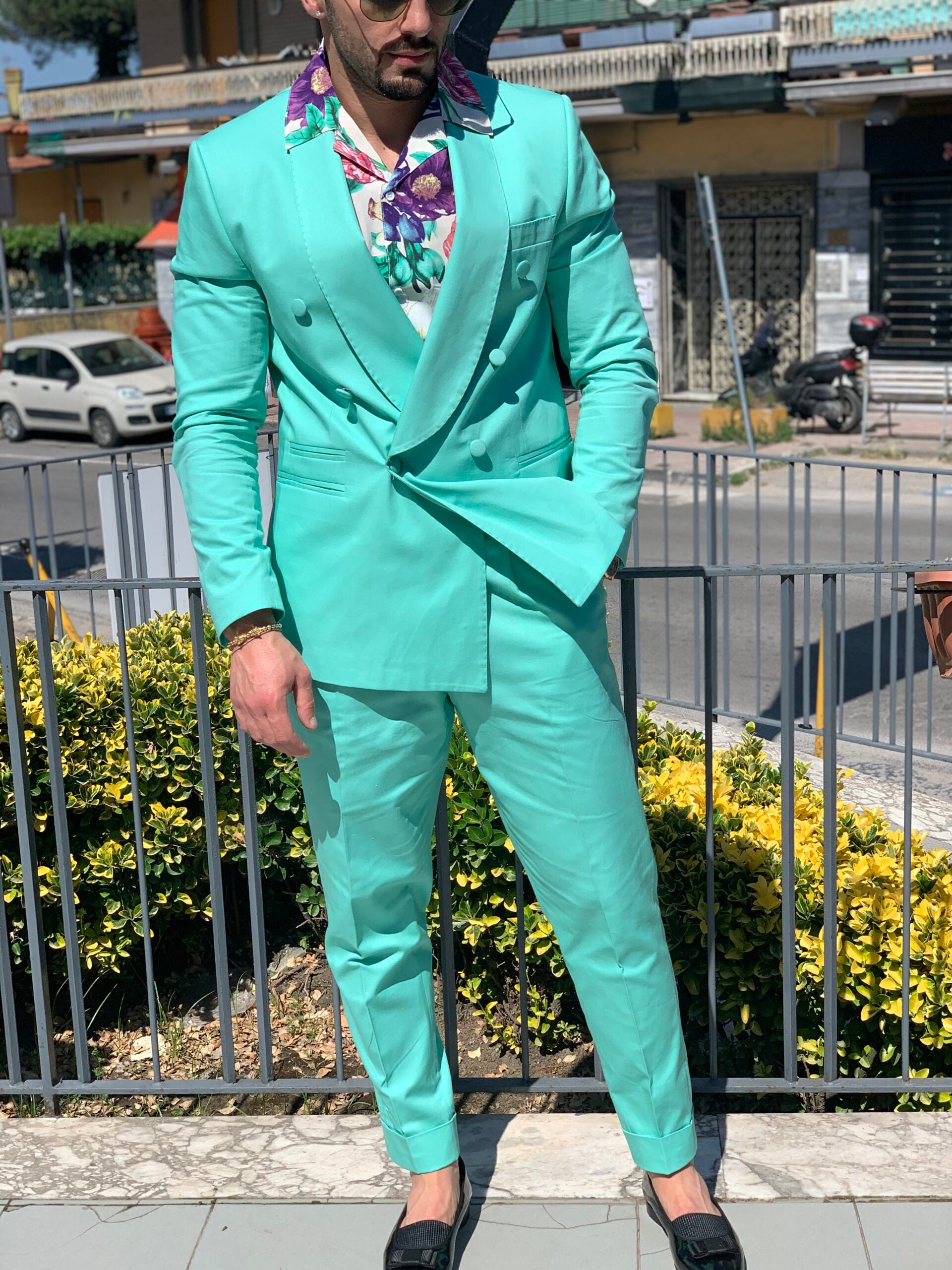 Abito sciallato in cotone rasato verde tiffany