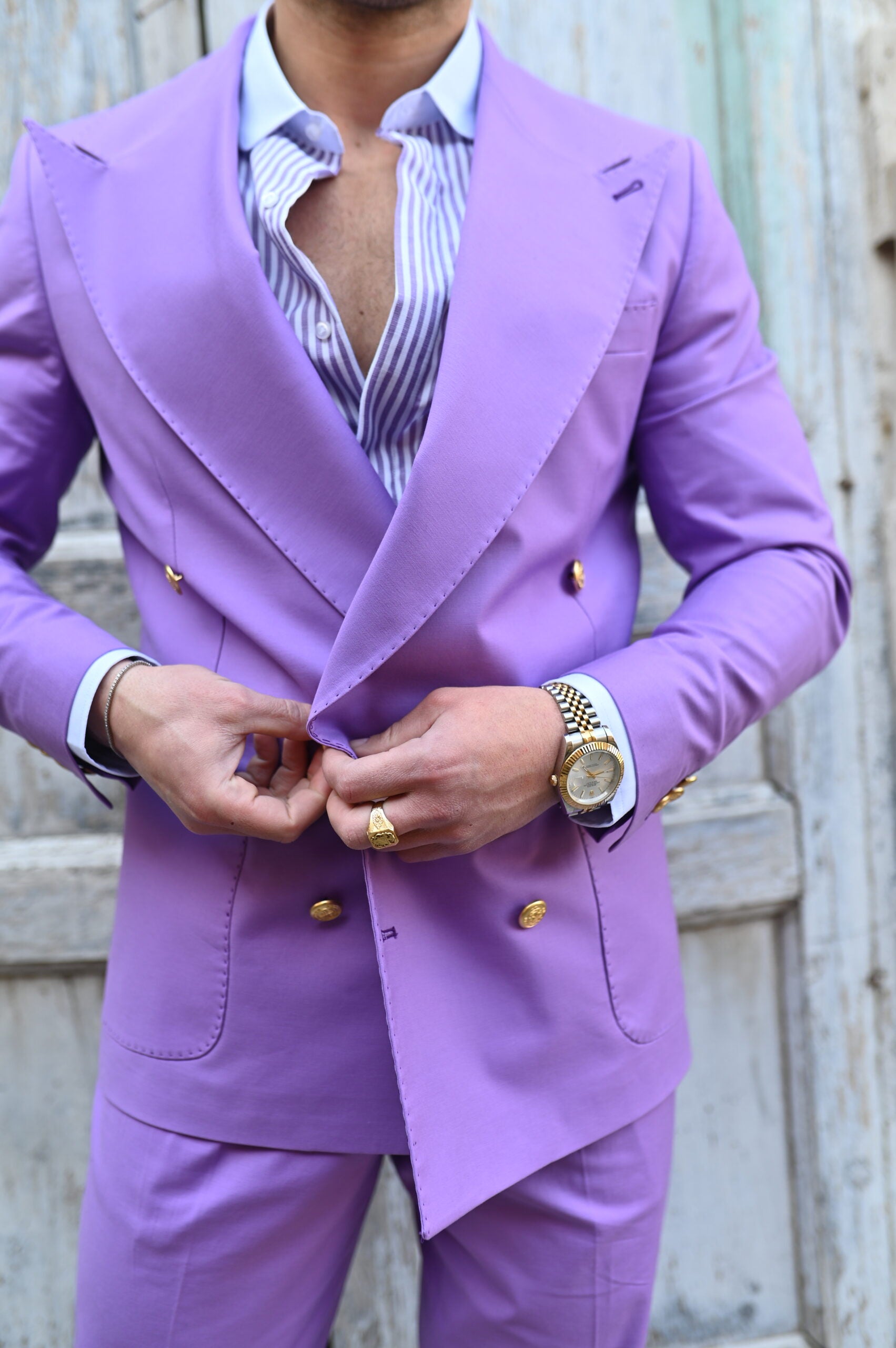 Camicia collo club a righe lilla e bianco